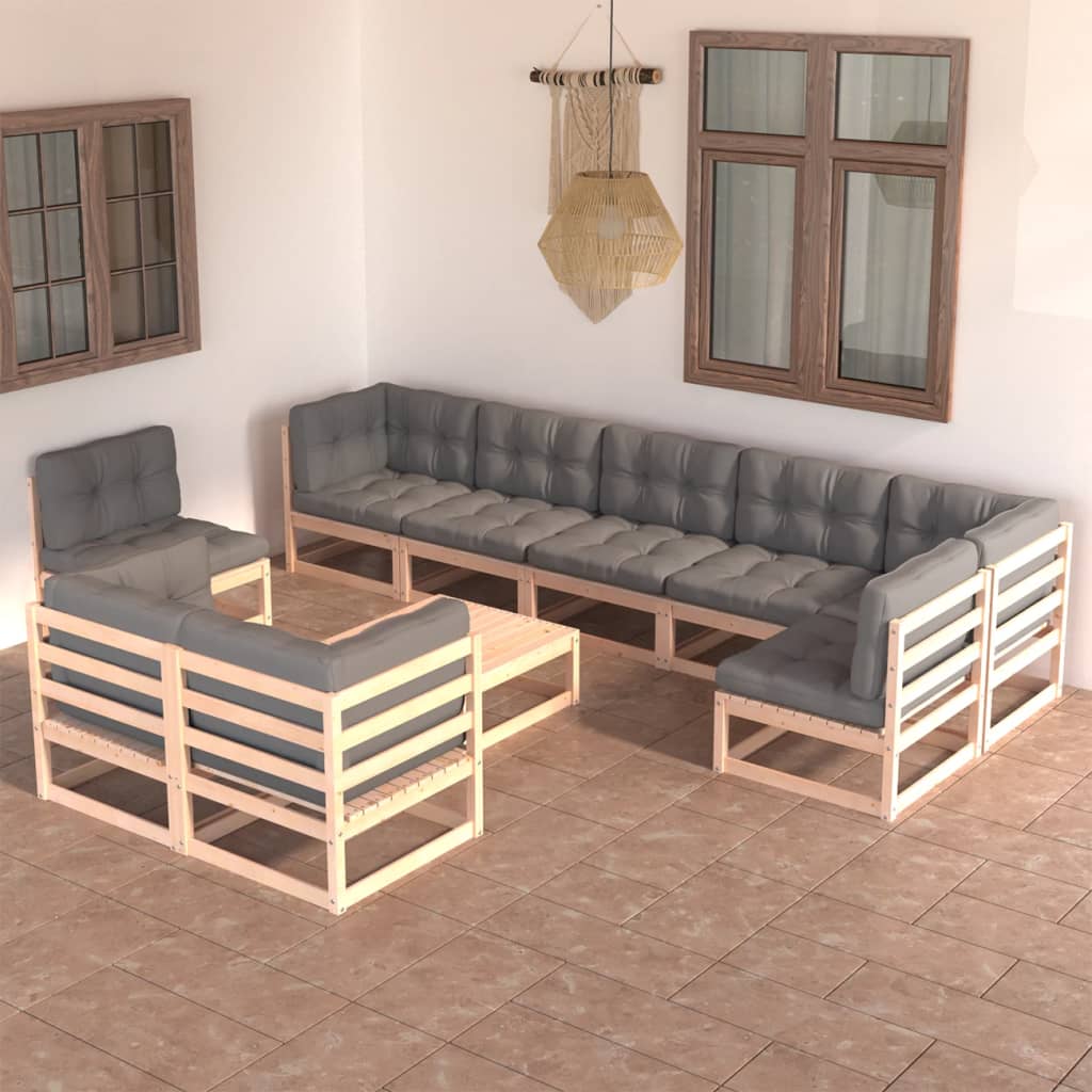 10-tlg. Garten-Lounge-Set mit Kissen Kiefer Massivholz